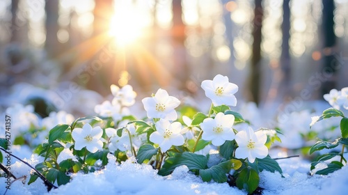 Icy hellebores growing amid snow-dusted underbrush, glowing softly in the quiet beauty of a forest in winter