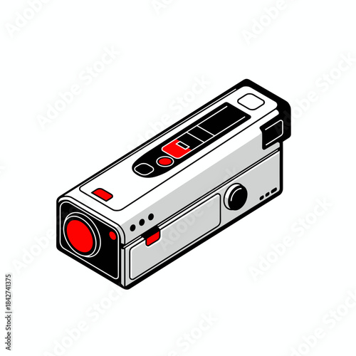 digital action camera device isometric view for technology blogs, gadget websites, sports advertisements, and video production tutorials, with copy space