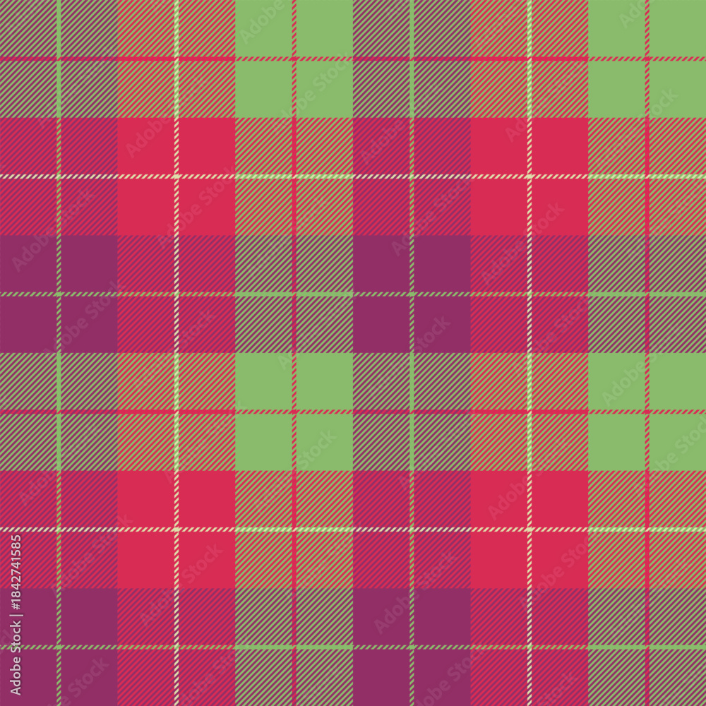 Obraz premium Trendy green, red, purple, new year tartan plaid texture for textile, fabric, print, wallpaper, wrapping paper, clothing, garments, table cloth and background. Scottish vector pattern illustration