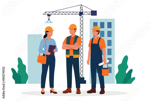 Construction workers in hard hats standing on building site with crane