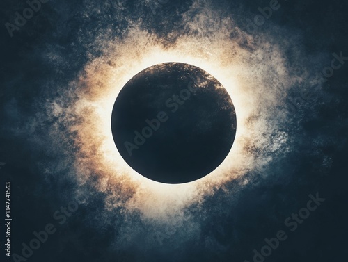 A large black circle with a white sun in the middle. The sun is surrounded by a dark circle
