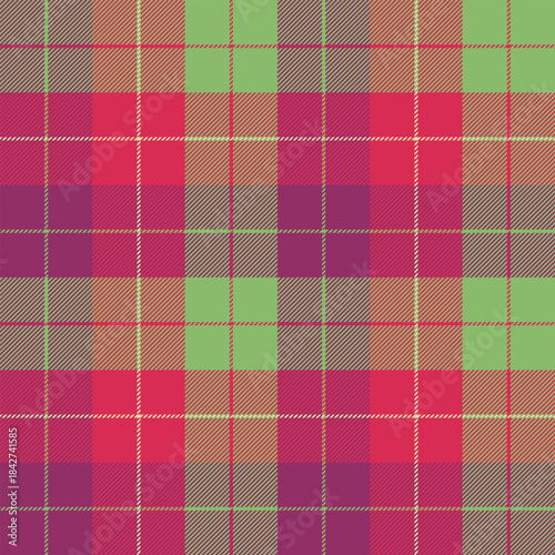 Trendy green, red, purple, new year tartan plaid texture for textile, fabric, print, wallpaper, wrapping paper, clothing, garments, table cloth and background. Scottish vector pattern illustration