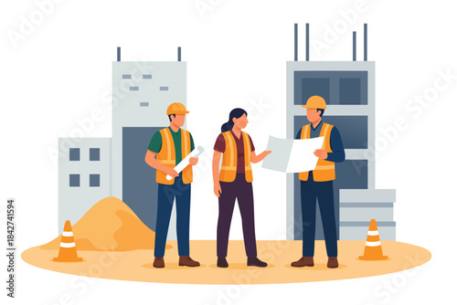 Construction workers and engineer reviewing building plans on site