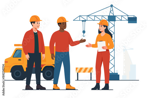 Construction team collaborating on site with crane and truck