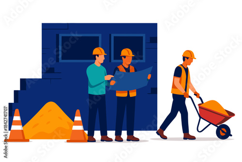 Construction workers discussing project plans at building site with equipment