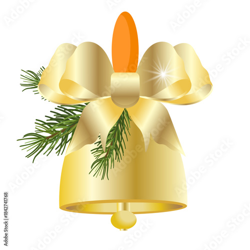 a golden bell with a golden bow and spruce branches