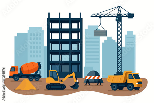 Construction site with cityscape and heavy machinery in action