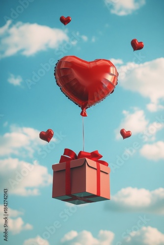 Illustration of heart balloon and gift box in sky with clouds