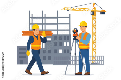 Construction workers building modern office complex with crane