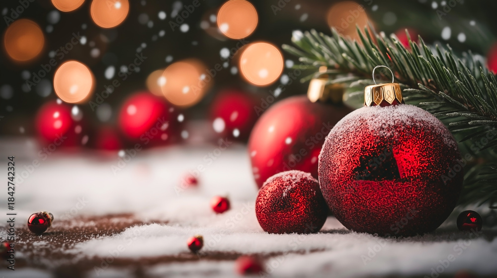 Obraz premium Traditional Christmas scene with red tones, ornaments, pine cones, and festive holiday background