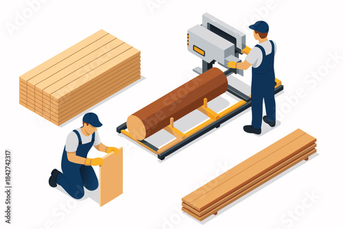 Two workers processing wood in a factory setting with machinery