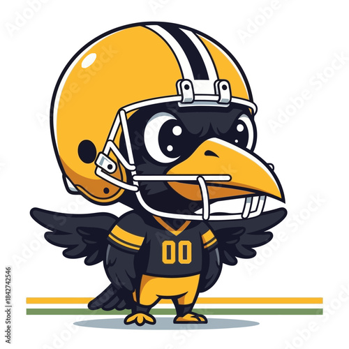 Cute Cartoon Crow Wearing American Football Helmet and Jersey.