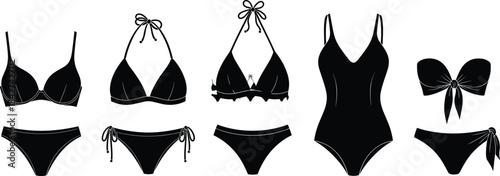 Collection of black women bikini and swimsuit silhouette icons set isolated on white background for summer beach fashion design