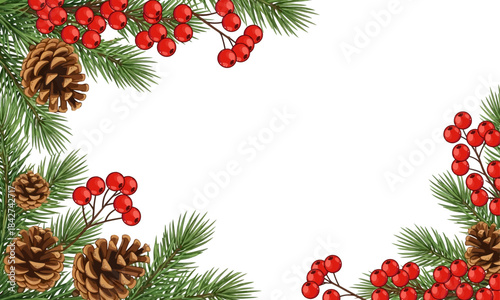 Christmas holiday border vector with pine branches Red Berries, Green Fir Branches, Rustic Holiday Frame Graphic