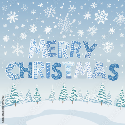 Whimsical merry christmas greeting with snowflakes and snowy trees