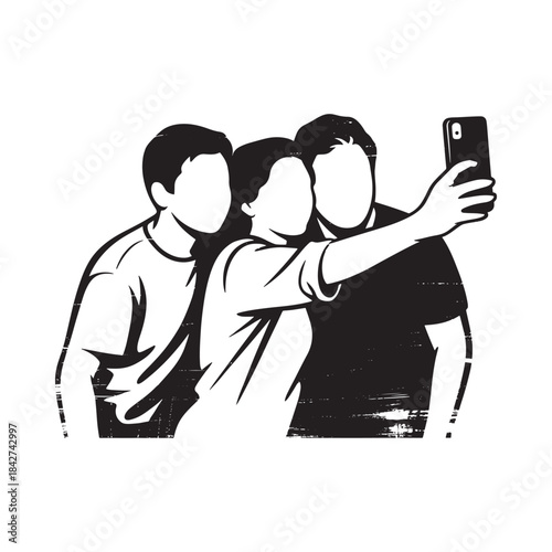 Three friends take a group selfie together with a smartphone on a white background