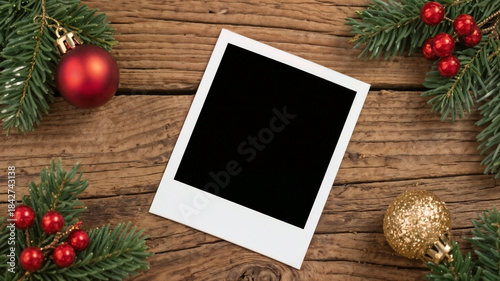 Blank black polaroid with Christmas decoration on wooden background