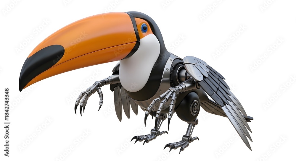 Fototapeta premium Steampunk toucan with metal parts and orange beak stands on white backdrop