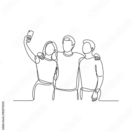 A continuous line art drawing of three friends taking a selfie together