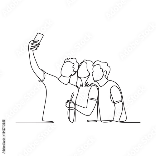 Continuous line art illustration of three friends taking a memorable group selfie