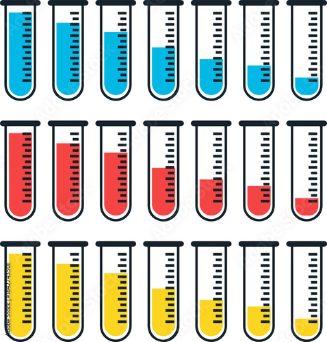 test tube icon set with colored liquids and volume levels, flat minimal vector design