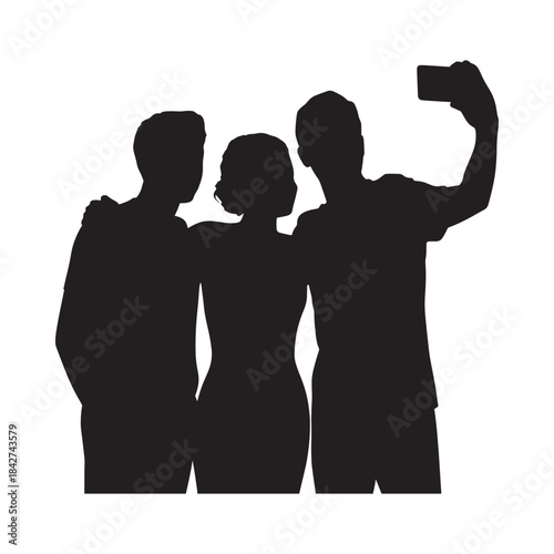 A black silhouette of three friends capturing a memorable moment with a smartphone selfie