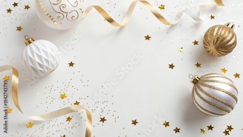 Minimalist white and gold New Year flat layout, featuring elegant festive decorations and sparkling elements, perfect for holiday celebrations and modern party designs.