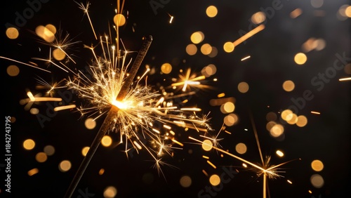 Bright golden sparks flying in close-up view, illuminating the dark background, perfect for festive celebrations, magical nights, and sparkling holiday events.