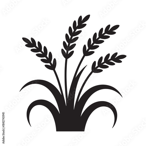 A stylized black silhouette illustration of a wheat or grain plant icon