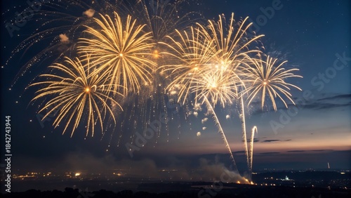 Elegant golden fireworks blooming high in the night sky, creating sparkling lights and festive atmosphere, perfect for celebrations and holiday events.