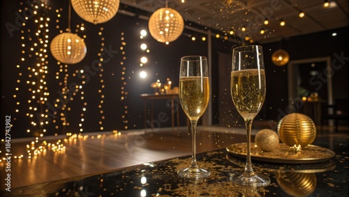 Elegant New Year party environment with golden decorations, sparkling lights and festive atmosphere, perfect for holiday celebrations and glamorous evening events.