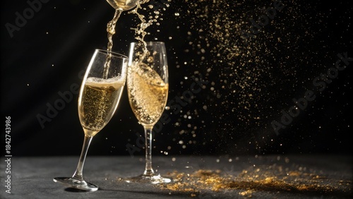 Festive New Year champagne concept with two crystal glasses, sparkling bubbles and glowing lights, perfect for holiday celebrations and glamorous party moments.