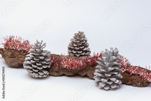 tree bark with three pine cones and garland around on white background with copy space