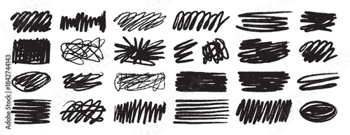 Set messy black brush textured wax crayon spots isolated on white background. Grunge chalk sketch collection. Hand drawn rough edges.
