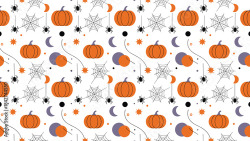 Seamless Halloween pattern with pumpkins, spiders, webs, moons, stars, festive orange black purple design, spooky seasonal background