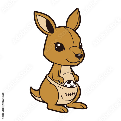 Cute cartoon kangaroo with a soccer ball in its pouch.
