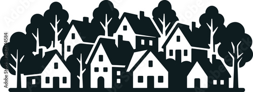 Silhouette village with pitched roof houses, stylized trees and architectural diversity, residential neighborhood illustration, urban planning, community design