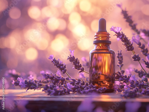 A glass bottle with purple liquid, suggesting lavender essential oil, next to a fresh bunch of lavender flowers in a soft, dreamy purple and gold light.