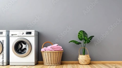A well-organized laundry space featuring white appliances, a basket of towels, and decorative plants adds style and functionality