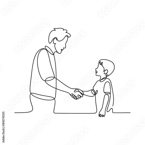 Continuous line drawing of a father shaking hands with his son representing agreement and trust