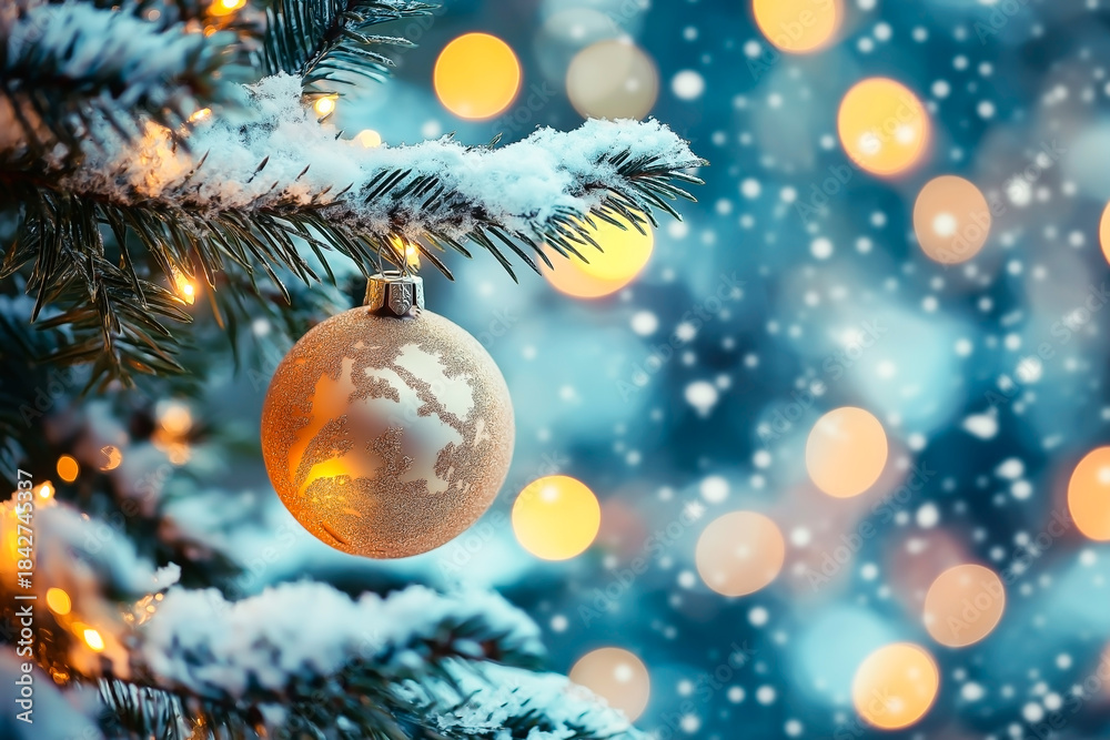 Obraz premium Silver Christmas ornament hanging on snowy pine branch with warm glowing lights