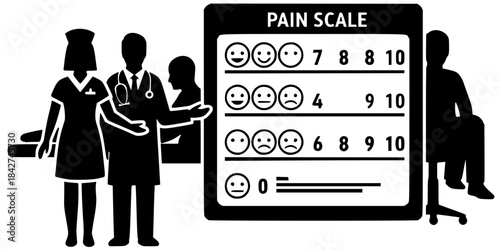 Nurse Pointing to Pain Scale Chart Vector Silhouette