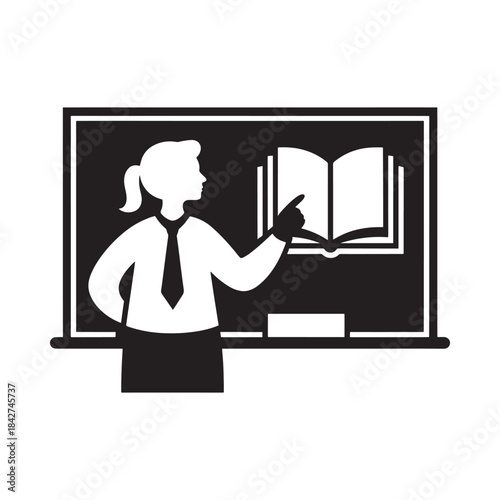 A teacher presenting a lesson from an open book in front of a classroom blackboard