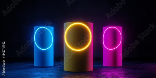 A collection of vibrantly colored abstract sculptures with illuminated rings. Ideal for contemporary art galleries or modern indoor spaces.