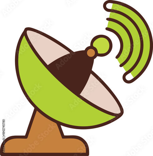 Cute Hand-Drawn Green Satellite Dish with Signal Waves - Kawaii Satellite Internet & Communication Doodle Illustration PNG Transparent Background