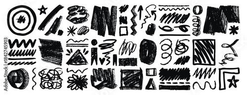 set abstract random brush strokes of different brush shapes. Grunge strokes, lines and brushes. Free hand drawn movement, trembling texture elements collection.