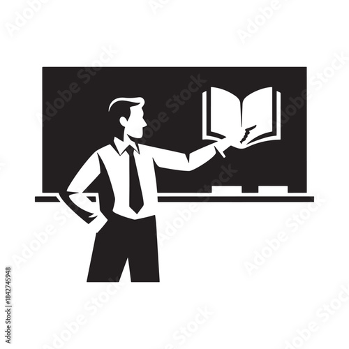 A monochrome silhouette of a male teacher holding an open book in front of a blackboard.