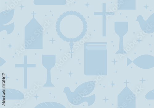 Seamless pattern with christian religion icons, holy communion, rosary, bible, dove, chalice for wrapping, greeting cards