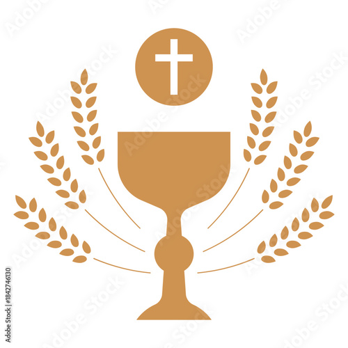 Golden holy communion chalice and wheat ears. Gold chalice. Communion Christian Icon