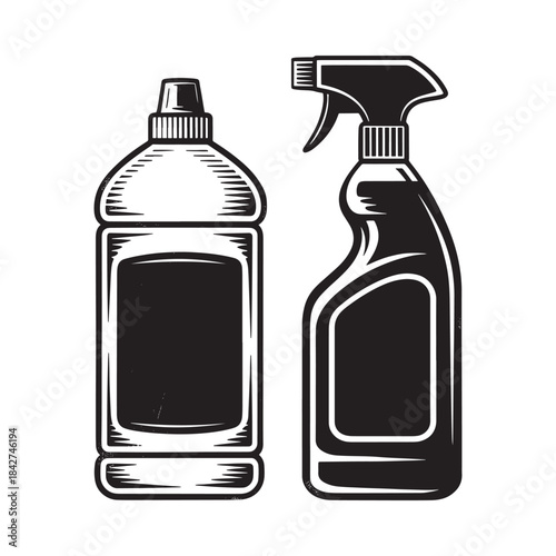 A black and white illustration of cleaning solution bottles in vintage style